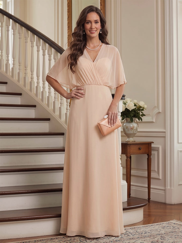 A-Line/Princess V-Neck Half Sleeves Floor-Length Mother of the Bride Dresses with Ruched