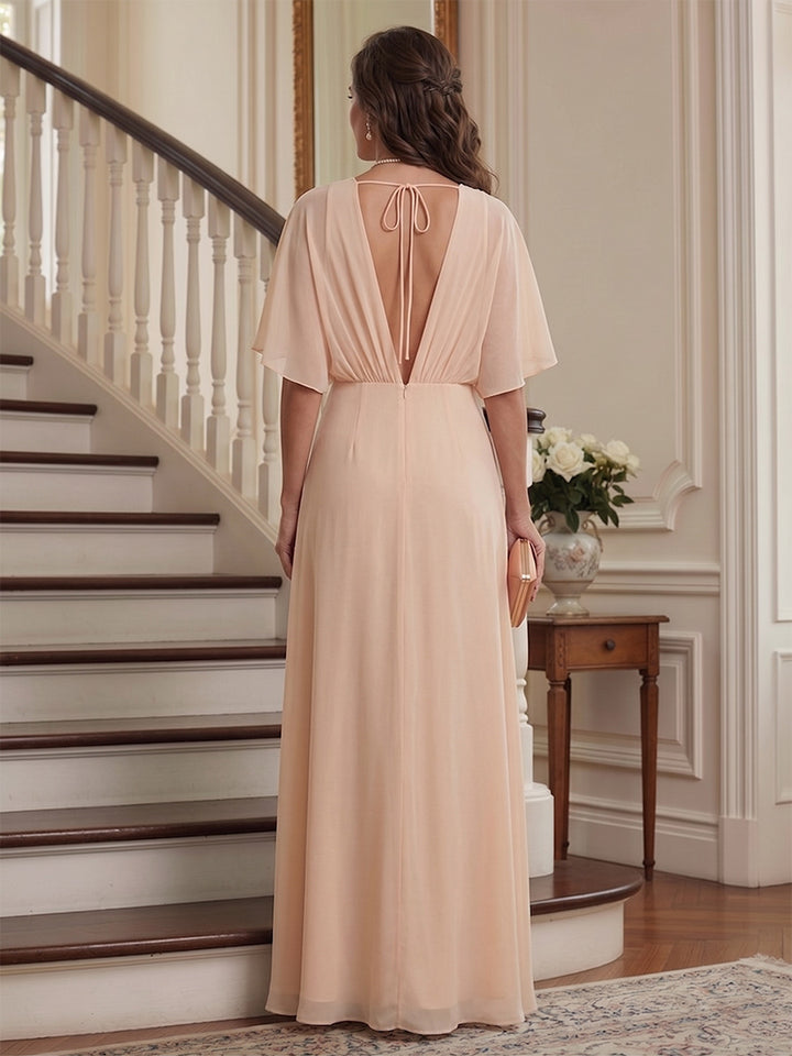 A-Line/Princess V-Neck Half Sleeves Floor-Length Mother of the Bride Dresses with Ruched