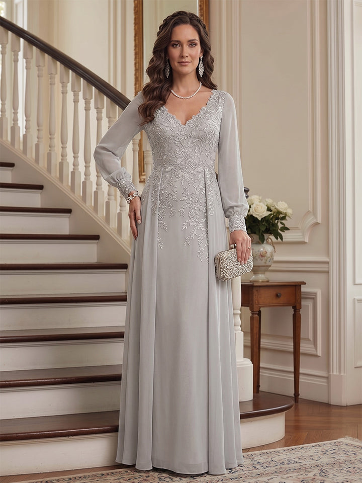 A-Line/Princess V-Neck Long Sleeves Floor-Length Mother of the Bride Dresses with Lace &amp; Applique