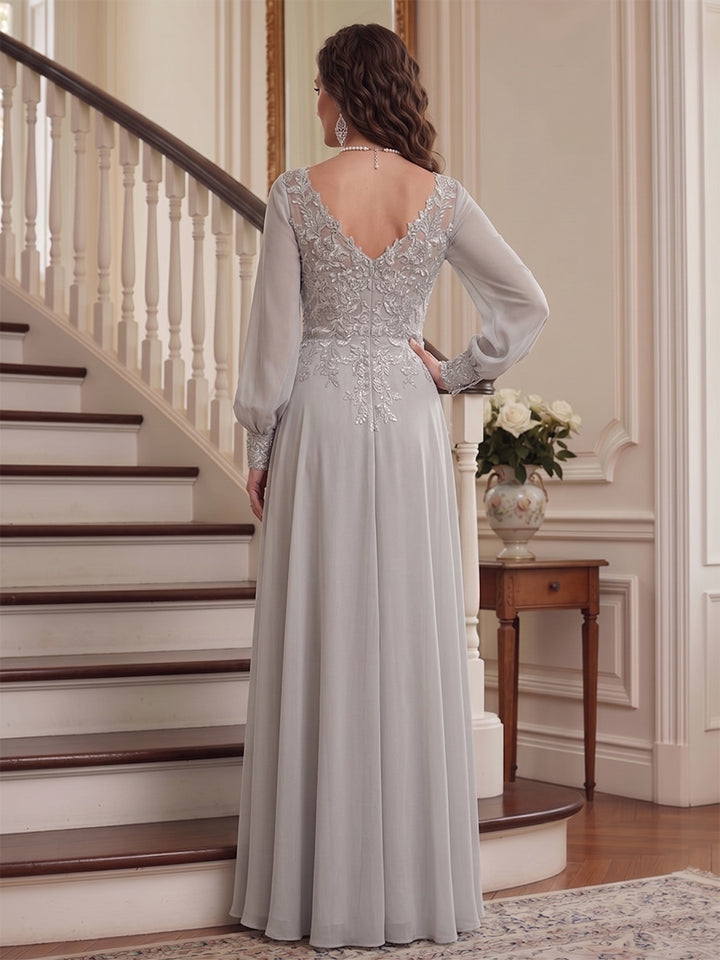 A-Line/Princess V-Neck Long Sleeves Floor-Length Mother of the Bride Dresses with Lace &amp; Applique
