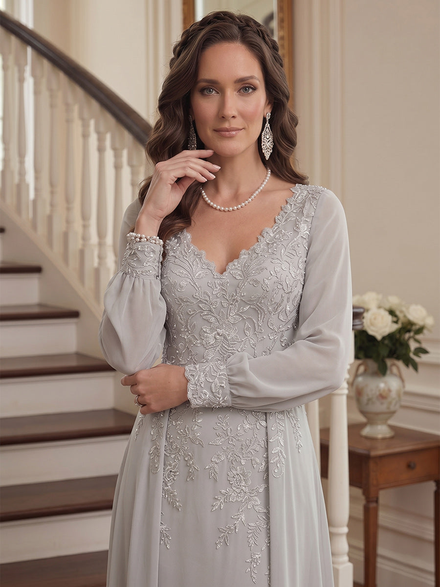 A-Line/Princess V-Neck Long Sleeves Floor-Length Mother of the Bride Dresses with Lace &amp; Applique