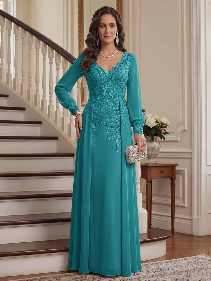 A-Line/Princess V-Neck Long Sleeves Floor-Length Mother of the Bride Dresses with Lace &amp; Applique