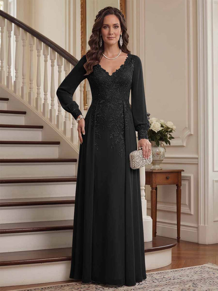 A-Line/Princess V-Neck Long Sleeves Floor-Length Mother of the Bride Dresses with Lace &amp; Applique