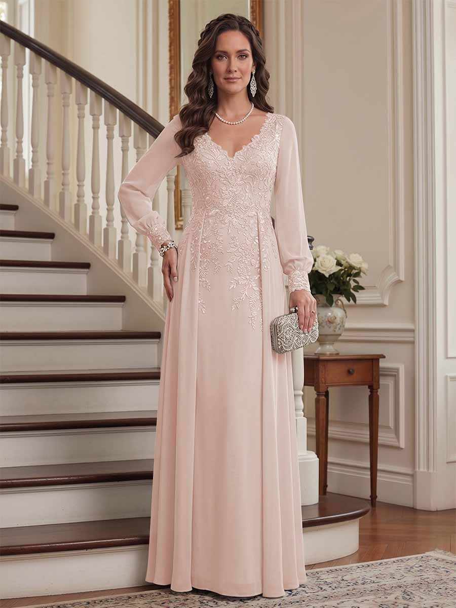 A-Line/Princess V-Neck Long Sleeves Floor-Length Mother of the Bride Dresses with Lace &amp; Applique
