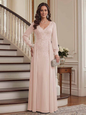 A-Line/Princess V-Neck Long Sleeves Floor-Length Mother of the Bride Dresses with Lace & Applique