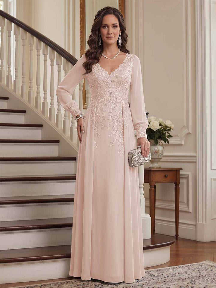 A-Line/Princess V-Neck Long Sleeves Floor-Length Mother of the Bride Dresses with Lace &amp; Applique