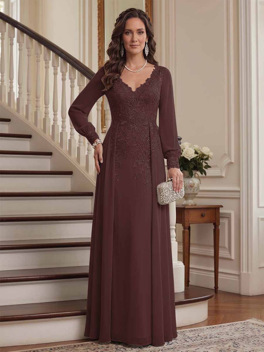 A-Line/Princess V-Neck Long Sleeves Floor-Length Mother of the Bride Dresses with Lace & Applique