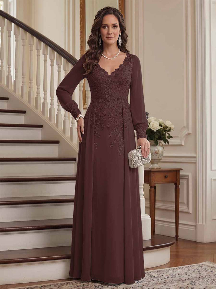 A-Line/Princess V-Neck Long Sleeves Floor-Length Mother of the Bride Dresses with Lace &amp; Applique