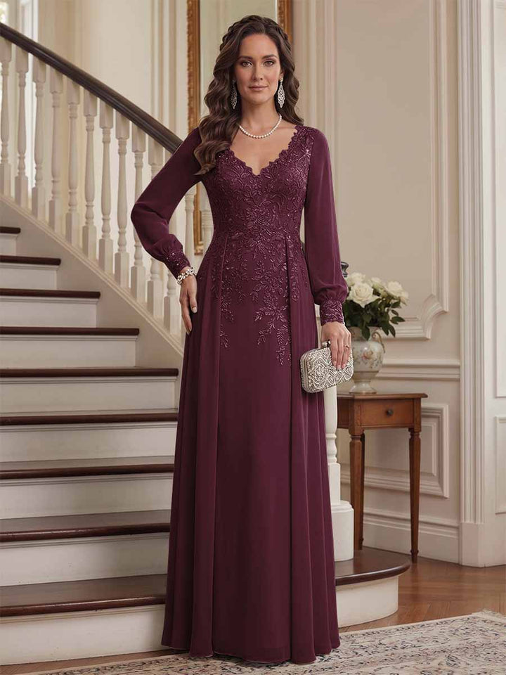 A-Line/Princess V-Neck Long Sleeves Floor-Length Mother of the Bride Dresses with Lace &amp; Applique