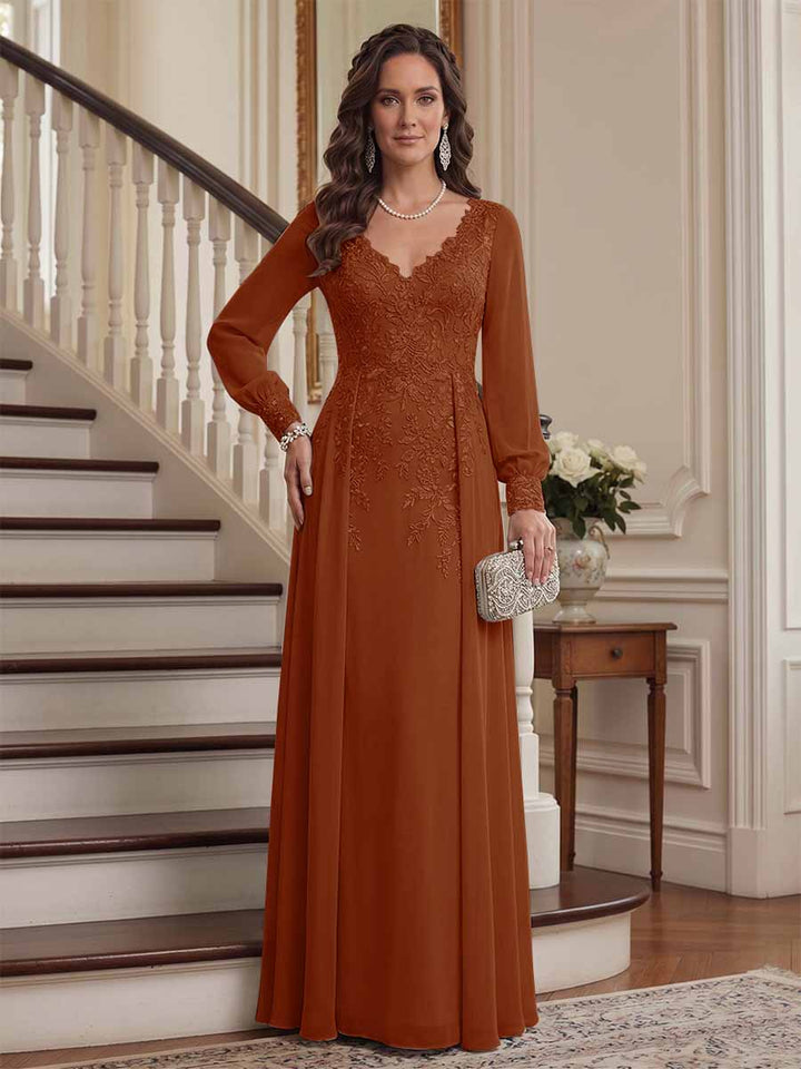 A-Line/Princess V-Neck Long Sleeves Floor-Length Mother of the Bride Dresses with Lace &amp; Applique