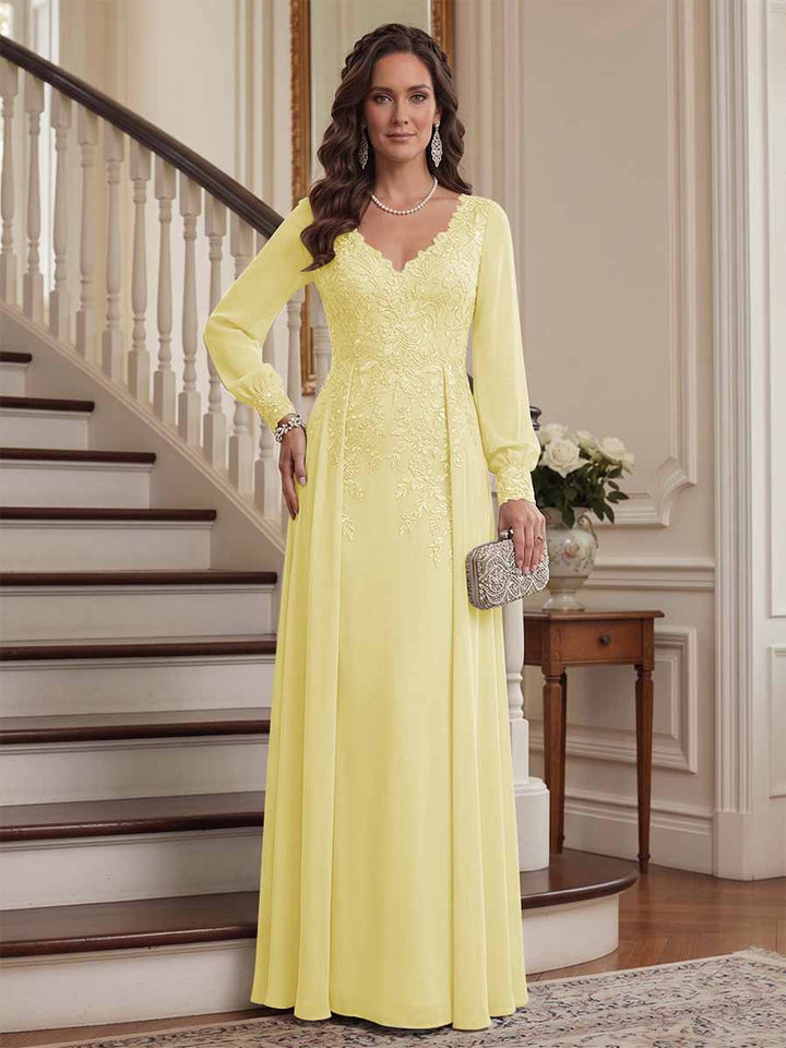 A-Line/Princess V-Neck Long Sleeves Floor-Length Mother of the Bride Dresses with Lace &amp; Applique