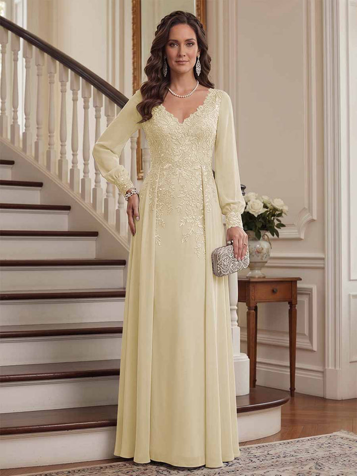 A-Line/Princess V-Neck Long Sleeves Floor-Length Mother of the Bride Dresses with Lace &amp; Applique
