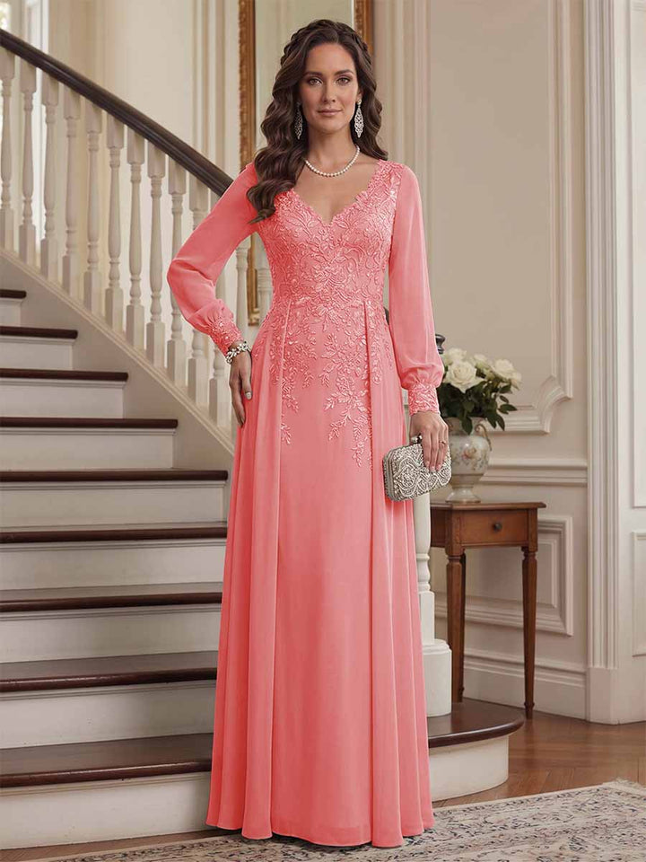 A-Line/Princess V-Neck Long Sleeves Floor-Length Mother of the Bride Dresses with Lace &amp; Applique
