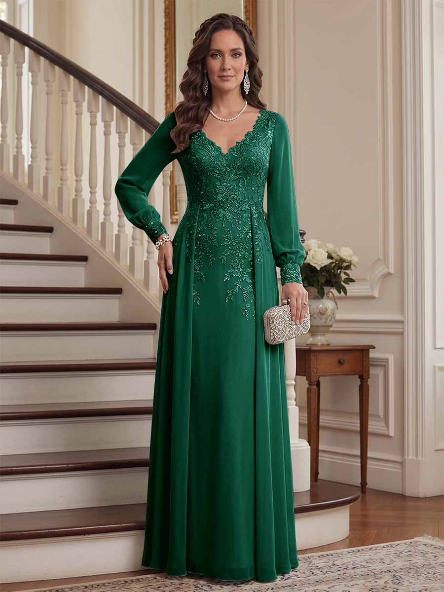 A-Line/Princess V-Neck Long Sleeves Floor-Length Mother of the Bride Dresses with Lace &amp; Applique