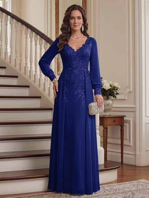 A-Line/Princess V-Neck Long Sleeves Floor-Length Mother of the Bride Dresses with Lace & Applique