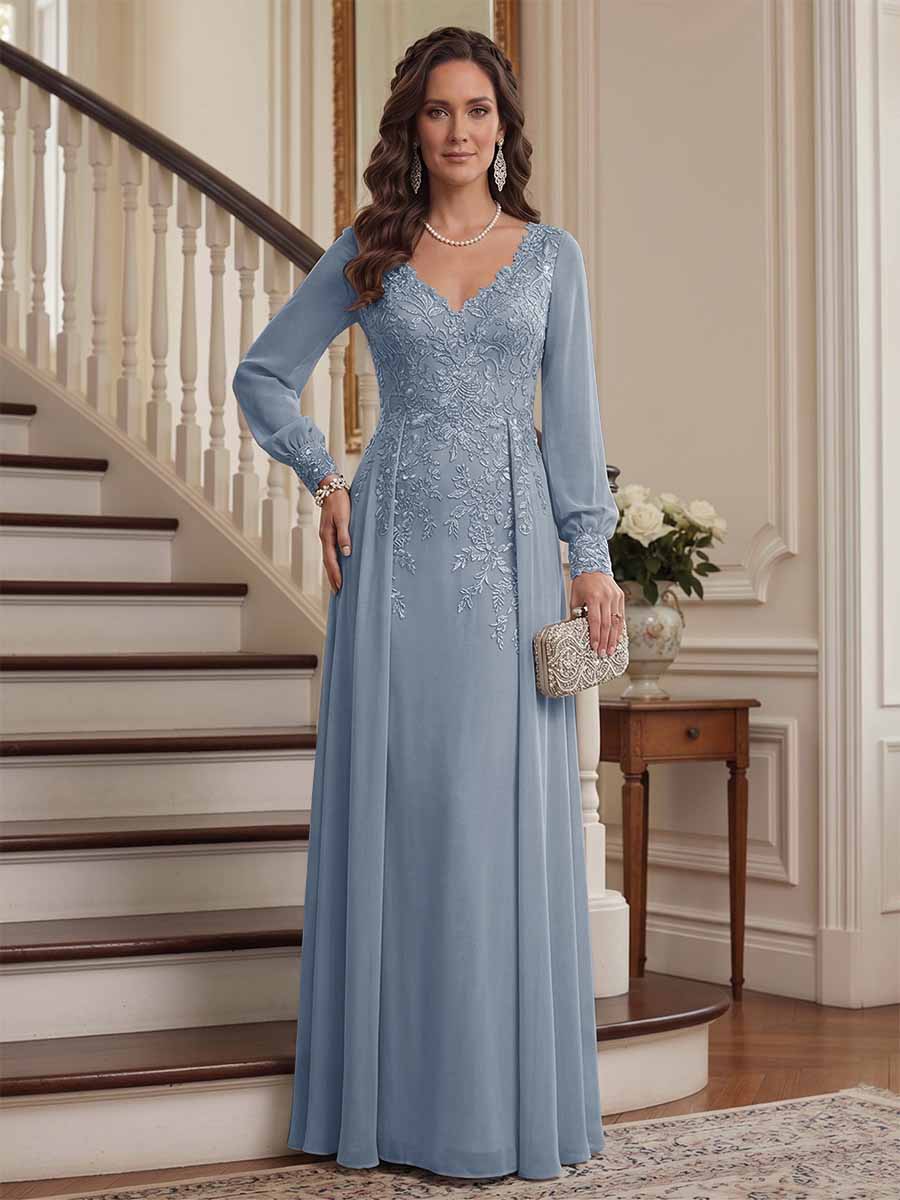A-Line/Princess V-Neck Long Sleeves Floor-Length Mother of the Bride Dresses with Lace &amp; Applique
