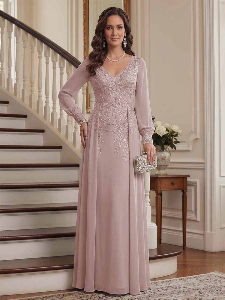 A-Line/Princess V-Neck Long Sleeves Floor-Length Mother of the Bride Dresses with Lace &amp; Applique