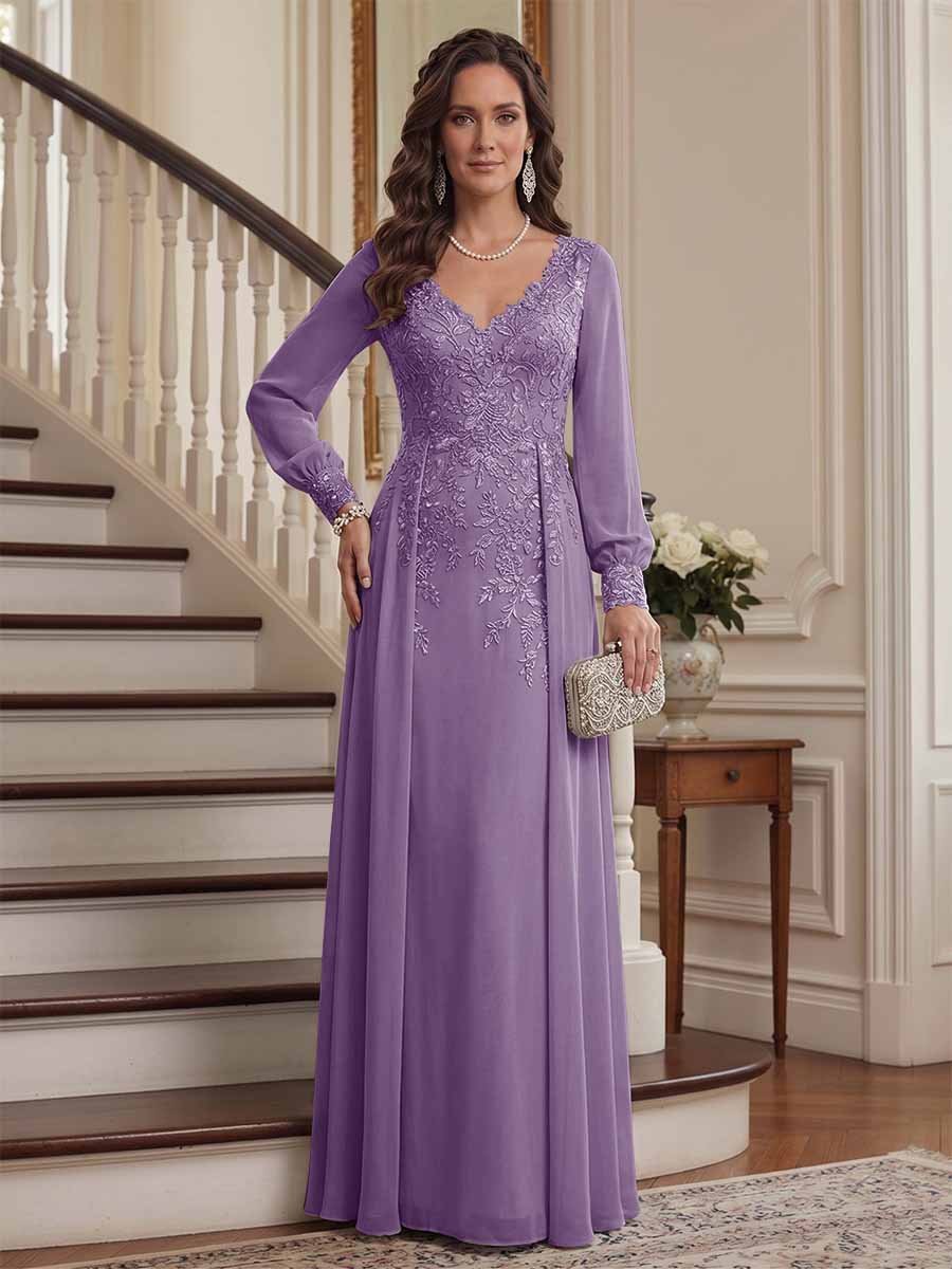 A-Line/Princess V-Neck Long Sleeves Floor-Length Mother of the Bride Dresses with Lace &amp; Applique