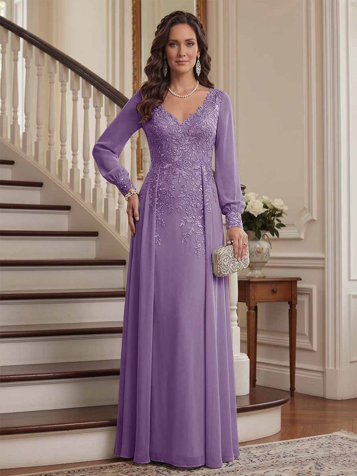 A-Line/Princess V-Neck Long Sleeves Floor-Length Mother of the Bride Dresses with Lace &amp; Applique