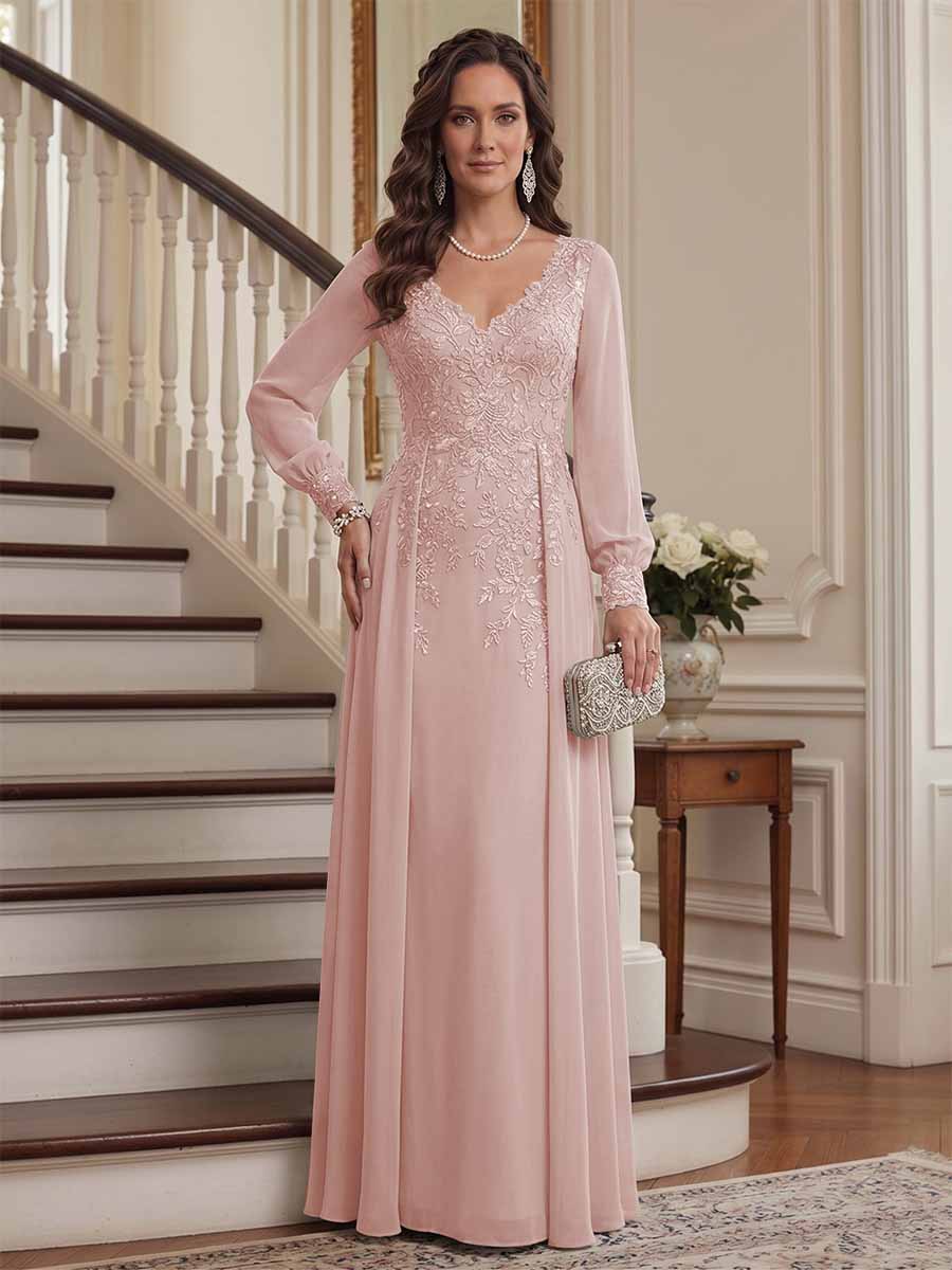 A-Line/Princess V-Neck Long Sleeves Floor-Length Mother of the Bride Dresses with Lace &amp; Applique