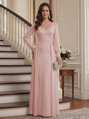 A-Line/Princess V-Neck Long Sleeves Floor-Length Mother of the Bride Dresses with Lace & Applique