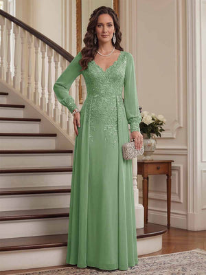 A-Line/Princess V-Neck Long Sleeves Floor-Length Mother of the Bride Dresses with Lace & Applique