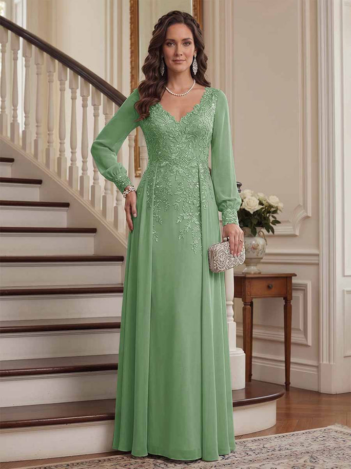 A-Line/Princess V-Neck Long Sleeves Floor-Length Mother of the Bride Dresses with Lace &amp; Applique