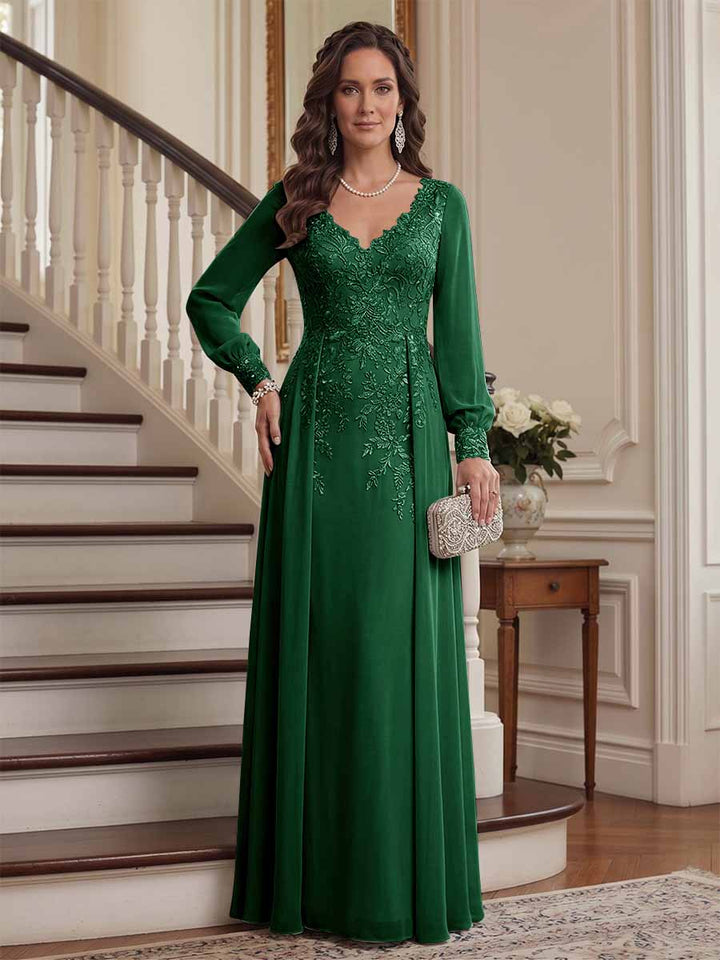A-Line/Princess V-Neck Long Sleeves Floor-Length Mother of the Bride Dresses with Lace &amp; Applique