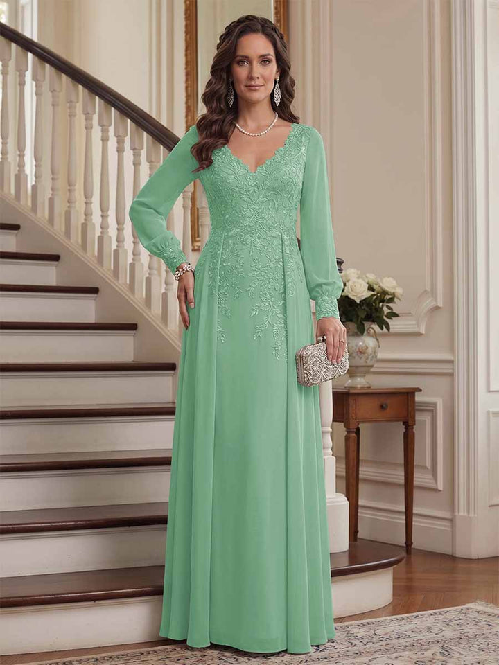 A-Line/Princess V-Neck Long Sleeves Floor-Length Mother of the Bride Dresses with Lace &amp; Applique
