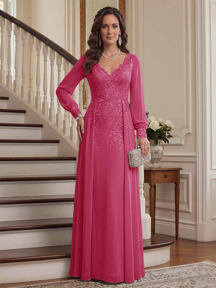 A-Line/Princess V-Neck Long Sleeves Floor-Length Mother of the Bride Dresses with Lace &amp; Applique