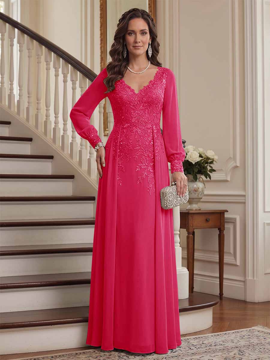 A-Line/Princess V-Neck Long Sleeves Floor-Length Mother of the Bride Dresses with Lace &amp; Applique