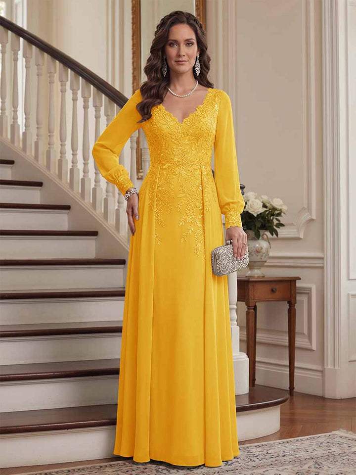 A-Line/Princess V-Neck Long Sleeves Floor-Length Mother of the Bride Dresses with Lace &amp; Applique