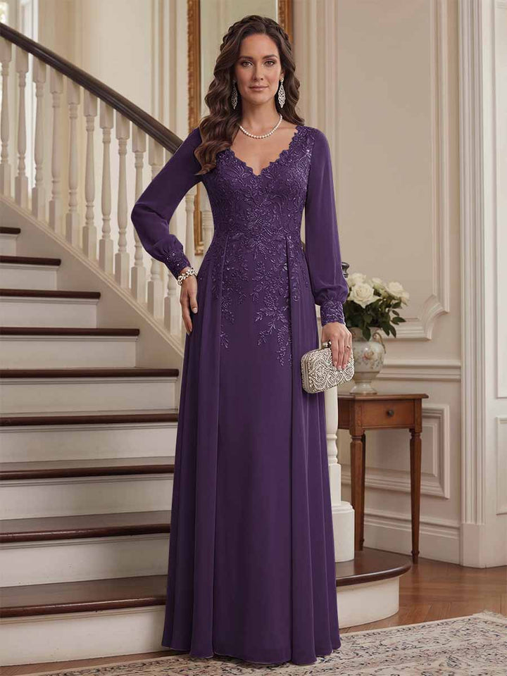 A-Line/Princess V-Neck Long Sleeves Floor-Length Mother of the Bride Dresses with Lace &amp; Applique