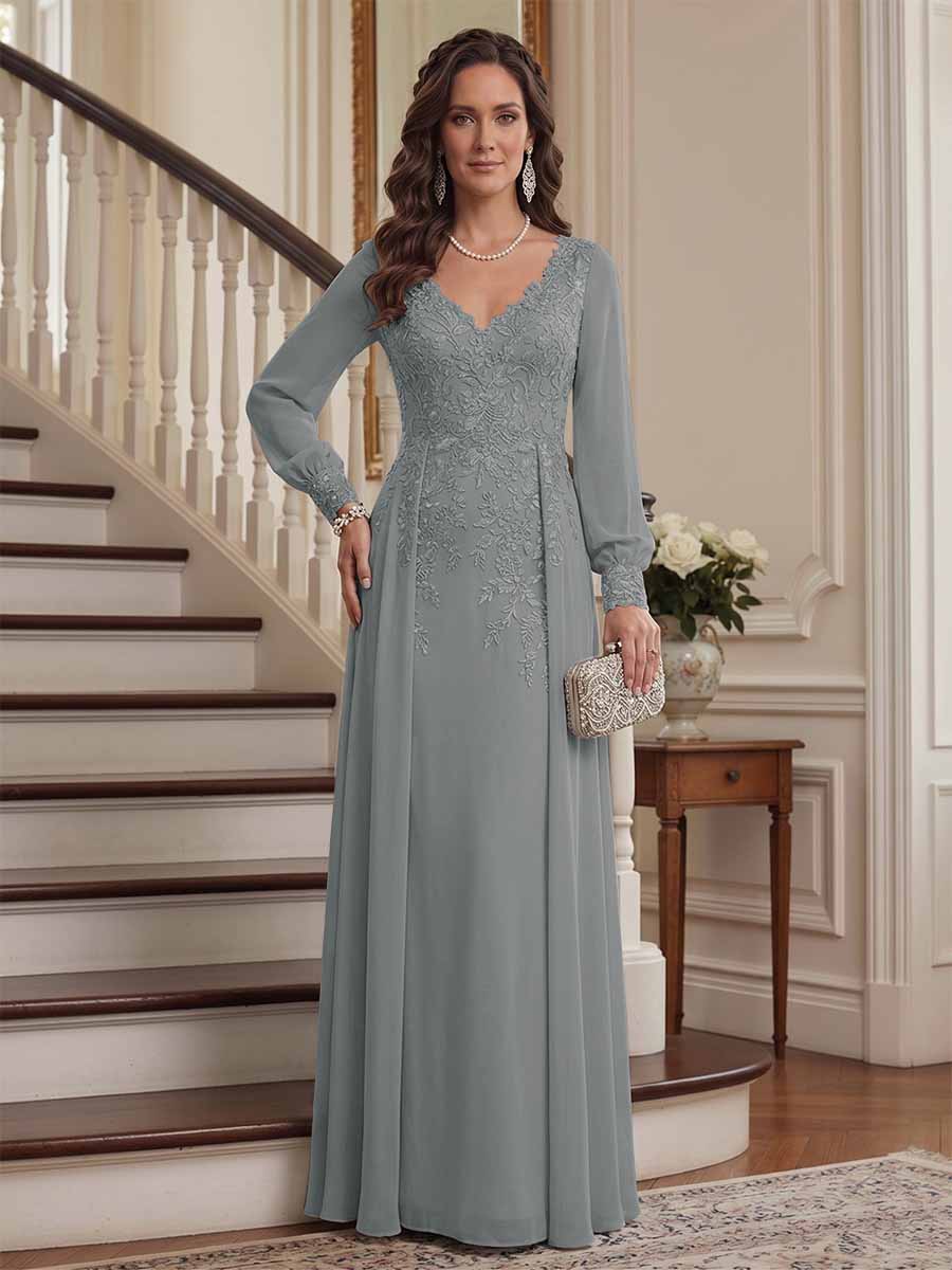 A-Line/Princess V-Neck Long Sleeves Floor-Length Mother of the Bride Dresses with Lace &amp; Applique