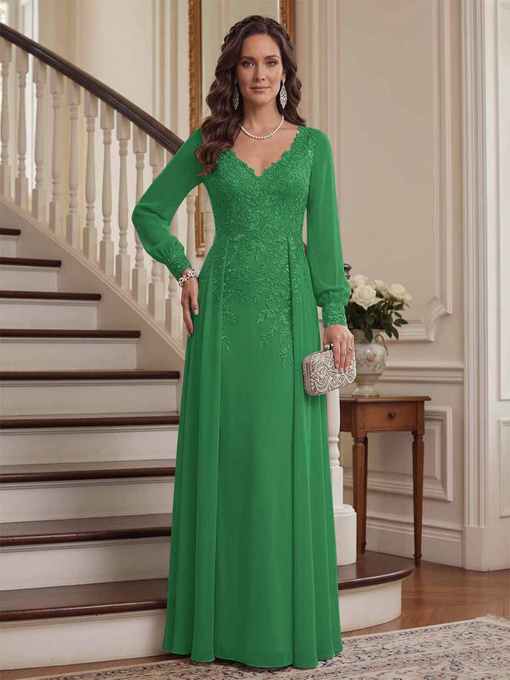 A-Line/Princess V-Neck Long Sleeves Floor-Length Mother of the Bride Dresses with Lace &amp; Applique
