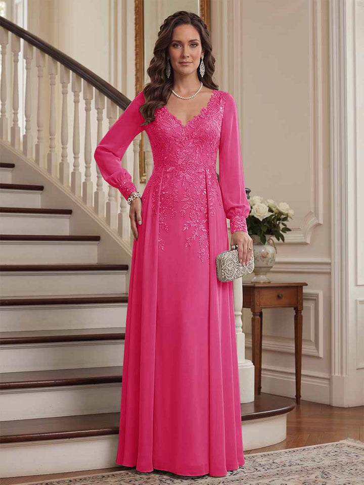 A-Line/Princess V-Neck Long Sleeves Floor-Length Mother of the Bride Dresses with Lace &amp; Applique