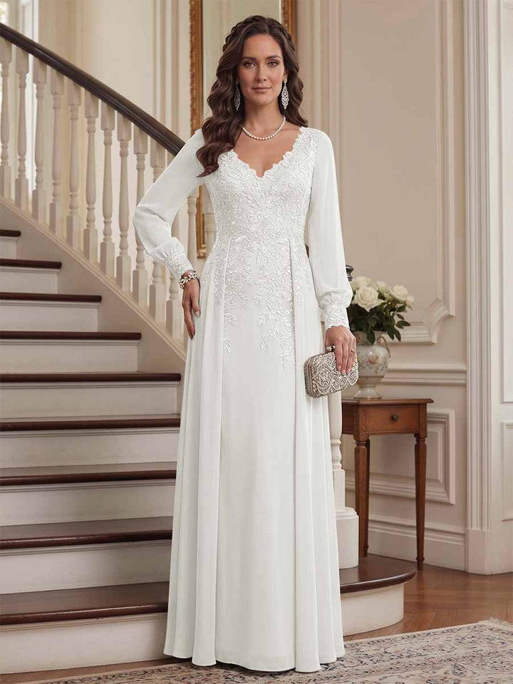 A-Line/Princess V-Neck Long Sleeves Floor-Length Mother of the Bride Dresses with Lace &amp; Applique