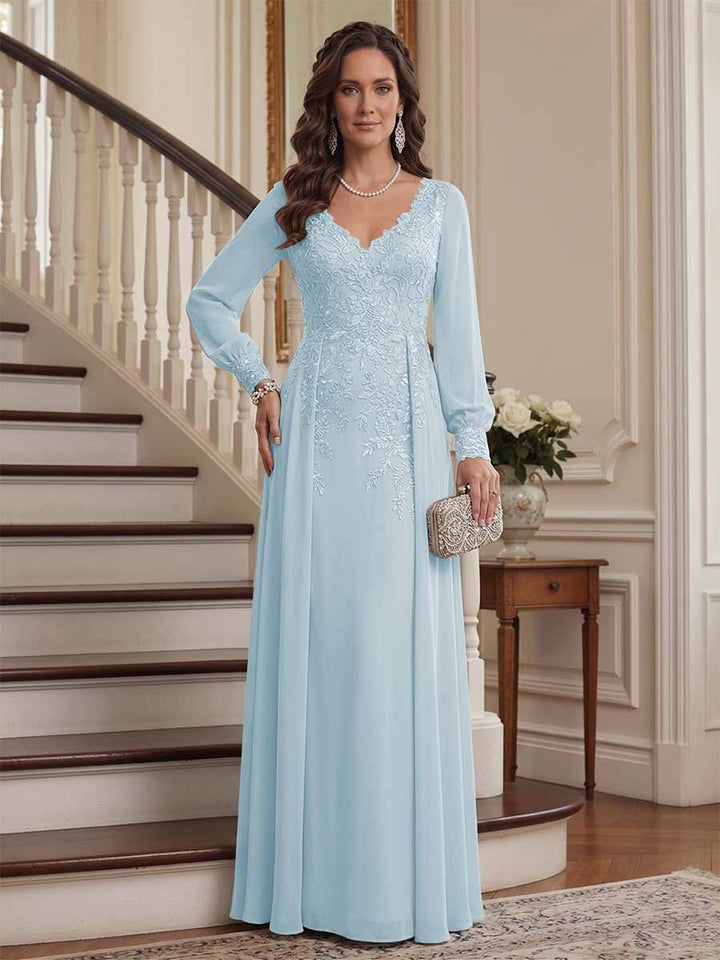 A-Line/Princess V-Neck Long Sleeves Floor-Length Mother of the Bride Dresses with Lace &amp; Applique