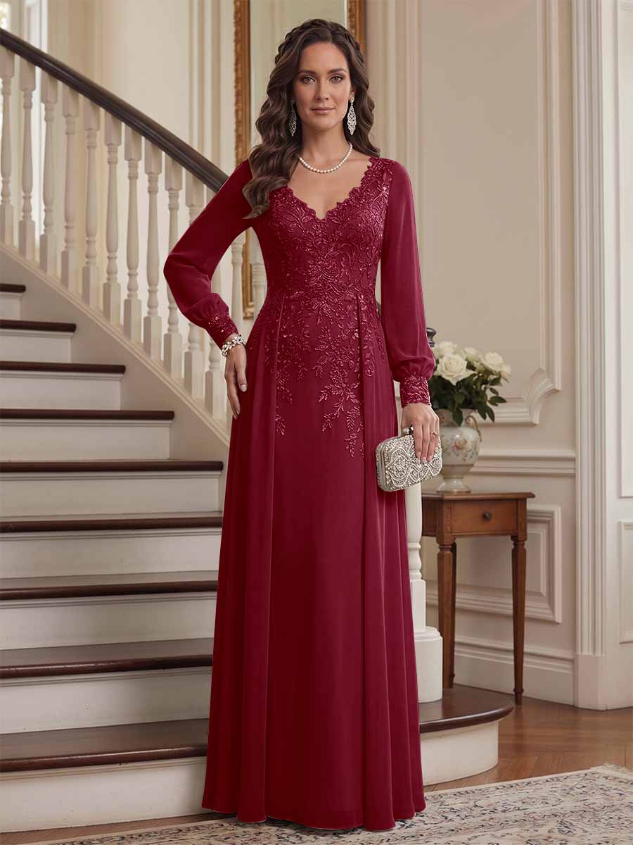 A-Line/Princess V-Neck Long Sleeves Floor-Length Mother of the Bride Dresses with Lace &amp; Applique