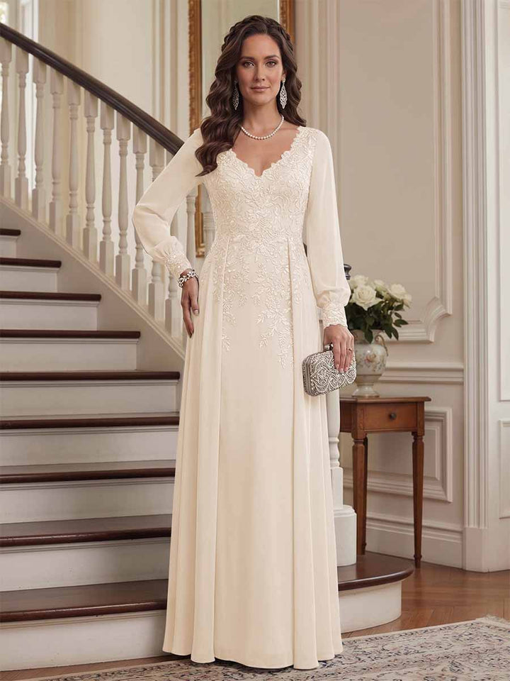A-Line/Princess V-Neck Long Sleeves Floor-Length Mother of the Bride Dresses with Lace &amp; Applique