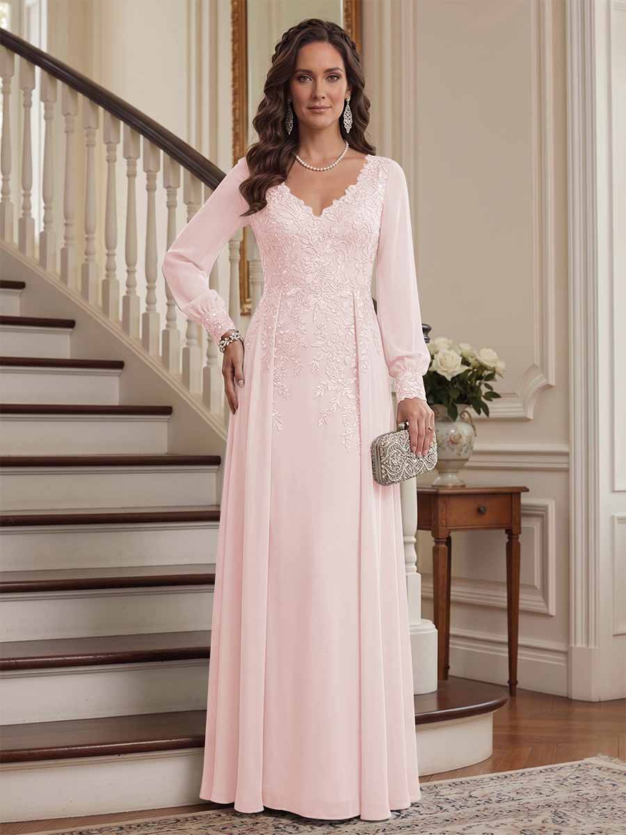 A-Line/Princess V-Neck Long Sleeves Floor-Length Mother of the Bride Dresses with Lace &amp; Applique