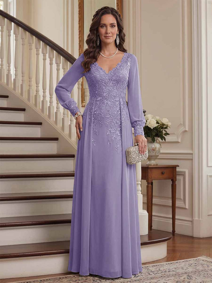 A-Line/Princess V-Neck Long Sleeves Floor-Length Mother of the Bride Dresses with Lace &amp; Applique