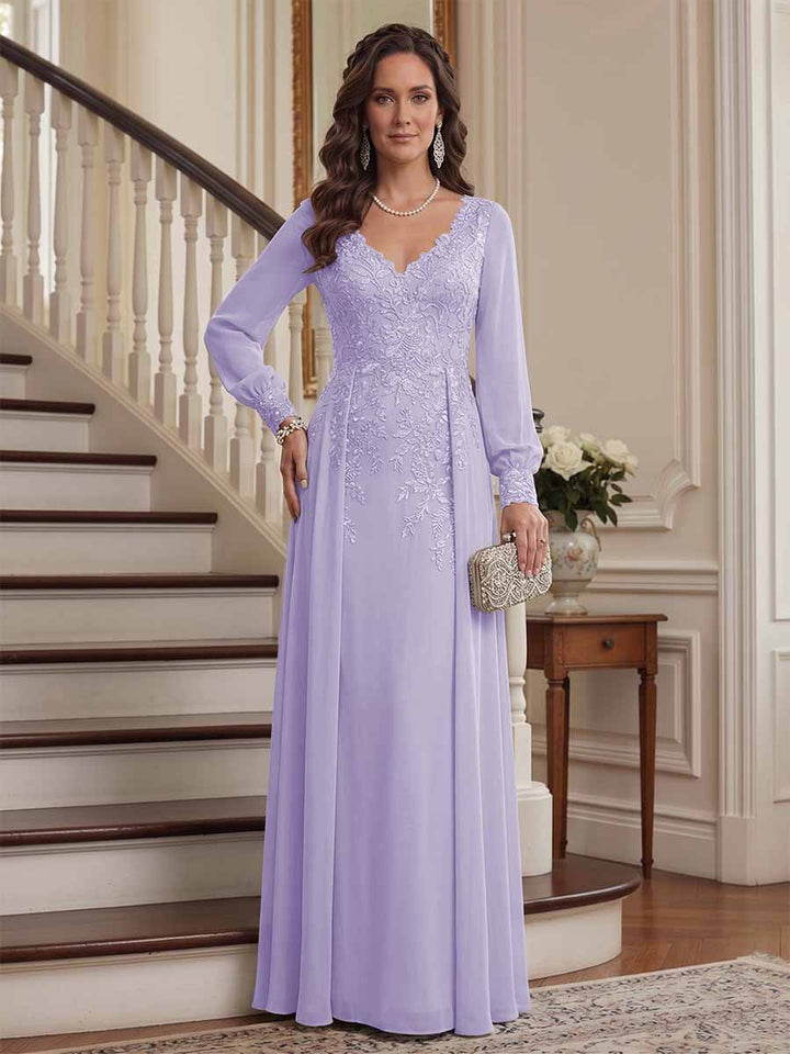 A-Line/Princess V-Neck Long Sleeves Floor-Length Mother of the Bride Dresses with Lace &amp; Applique