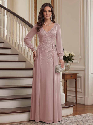 A-Line/Princess V-Neck Long Sleeves Floor-Length Mother of the Bride Dresses with Lace & Applique