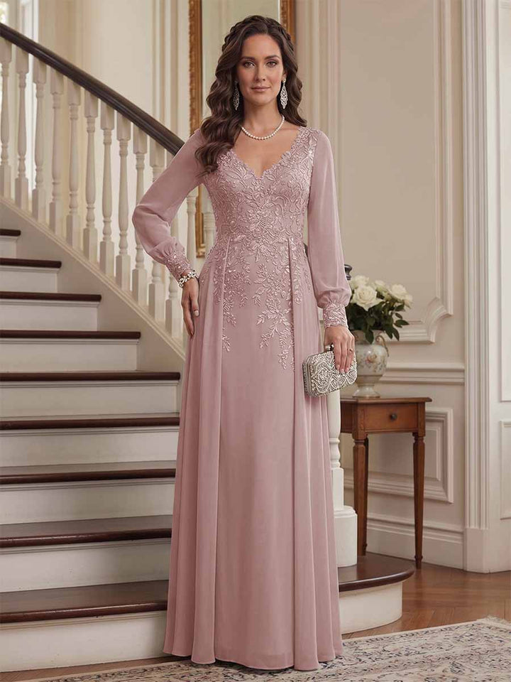 A-Line/Princess V-Neck Long Sleeves Floor-Length Mother of the Bride Dresses with Lace &amp; Applique