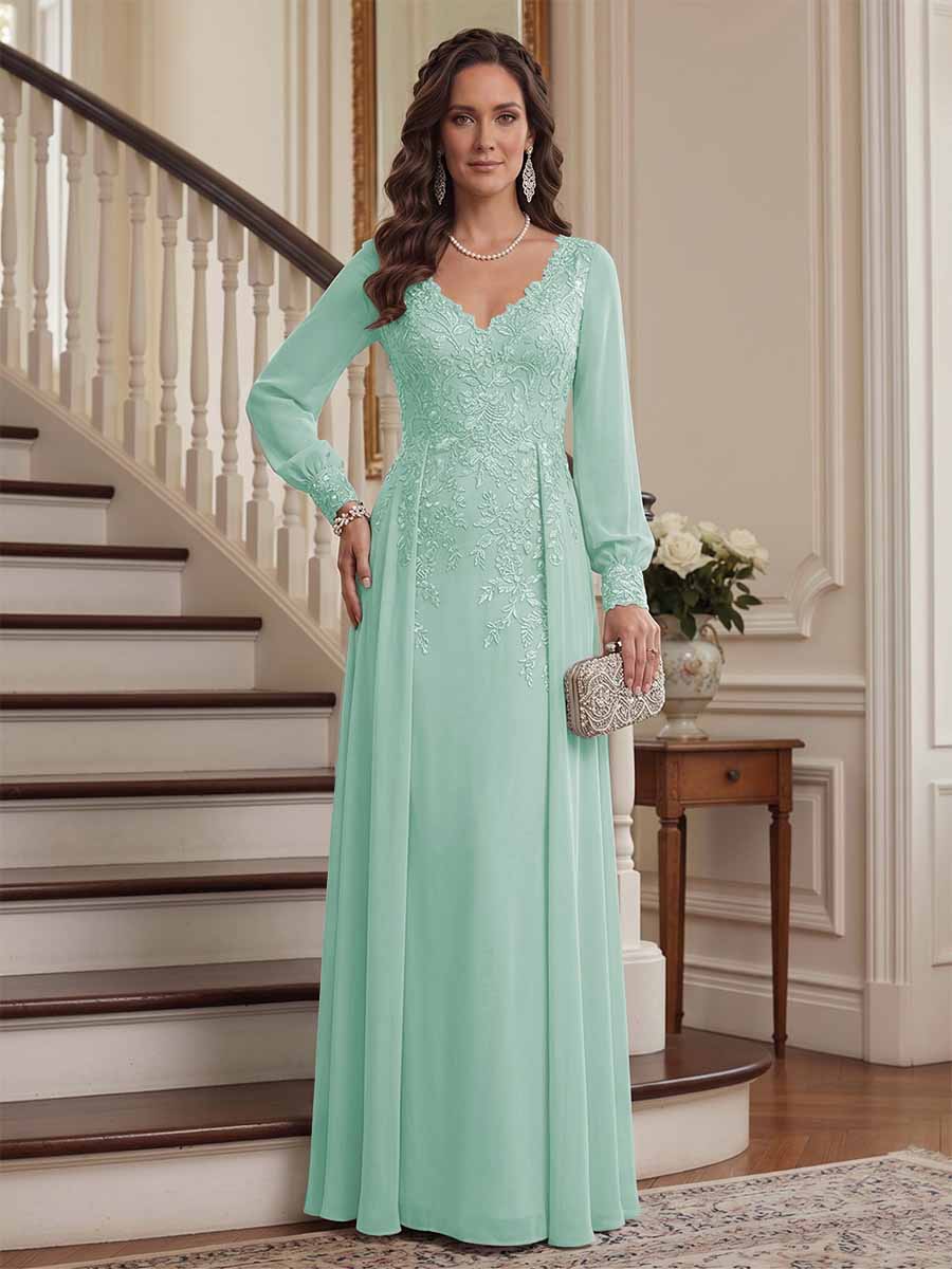 A-Line/Princess V-Neck Long Sleeves Floor-Length Mother of the Bride Dresses with Lace &amp; Applique
