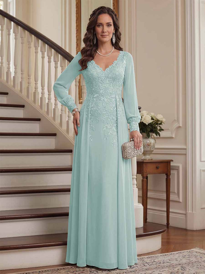 A-Line/Princess V-Neck Long Sleeves Floor-Length Mother of the Bride Dresses with Lace &amp; Applique