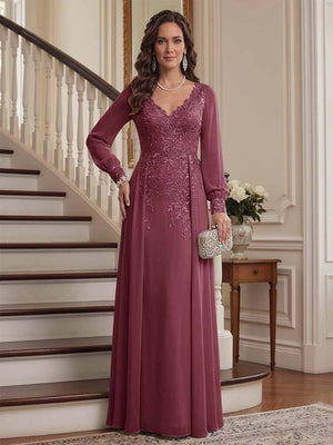 A-Line/Princess V-Neck Long Sleeves Floor-Length Mother of the Bride Dresses with Lace & Applique