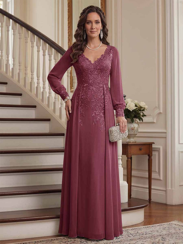 A-Line/Princess V-Neck Long Sleeves Floor-Length Mother of the Bride Dresses with Lace &amp; Applique