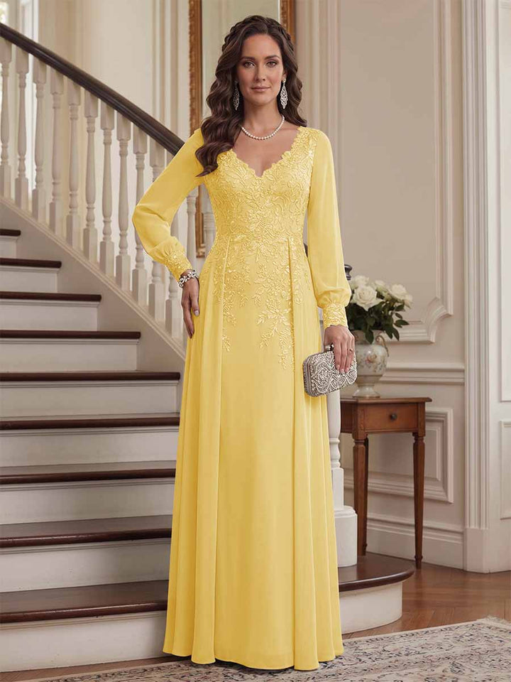 A-Line/Princess V-Neck Long Sleeves Floor-Length Mother of the Bride Dresses with Lace &amp; Applique